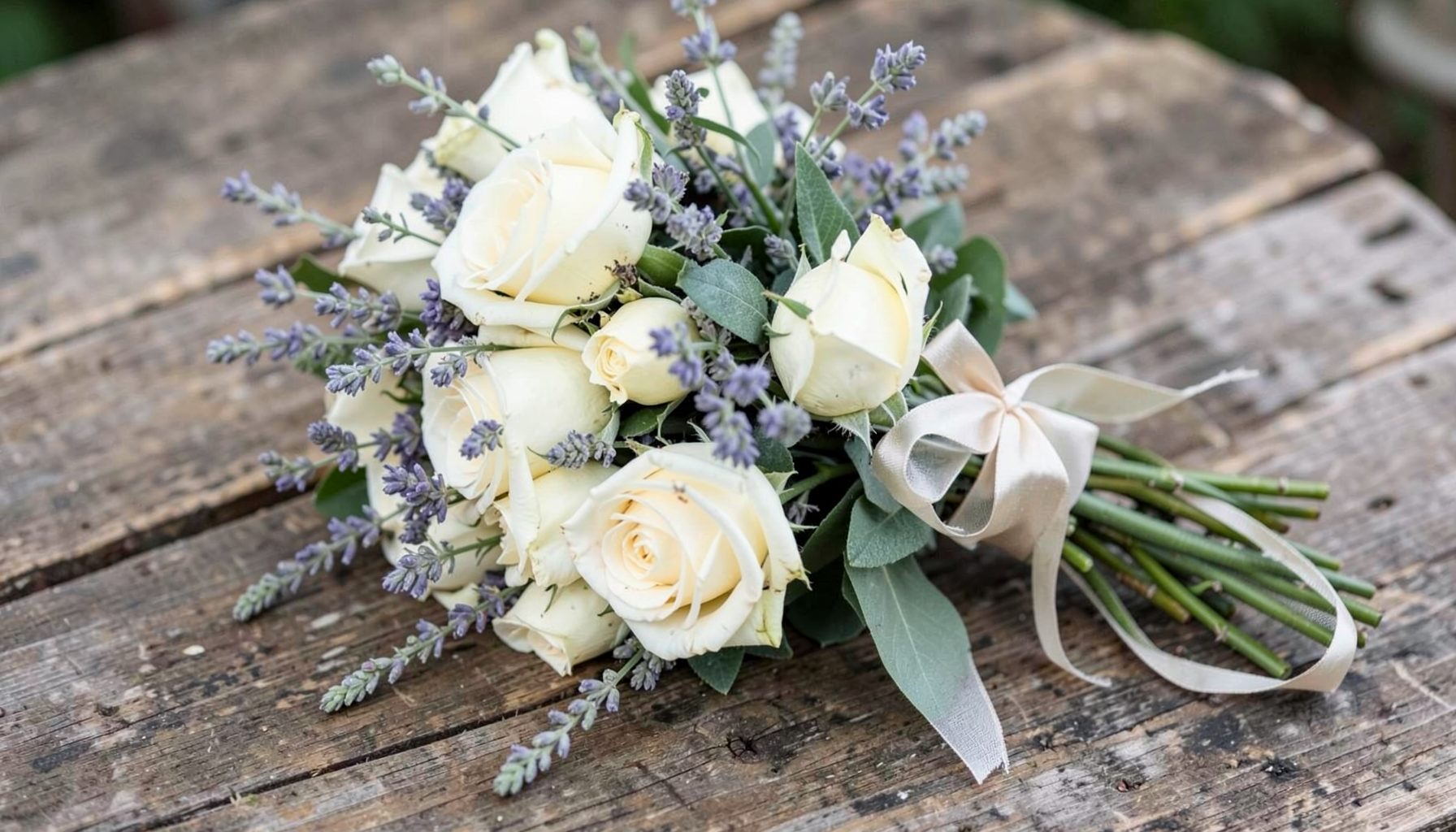 A loose garden-style bouquet of cream roses, lavender sprigs, and soft greenery tied with a silk ribbon on a rustic wooden table