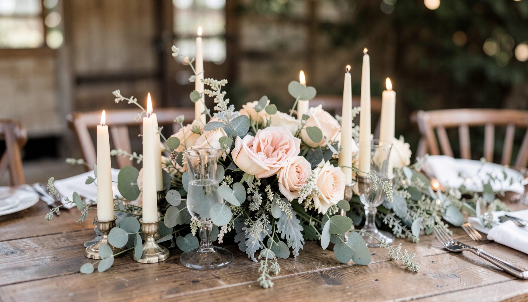 A rustic wedding centerpiece with ivory candles, blush garden roses, seeded eucalyptus, and dusty miller on a long farm table