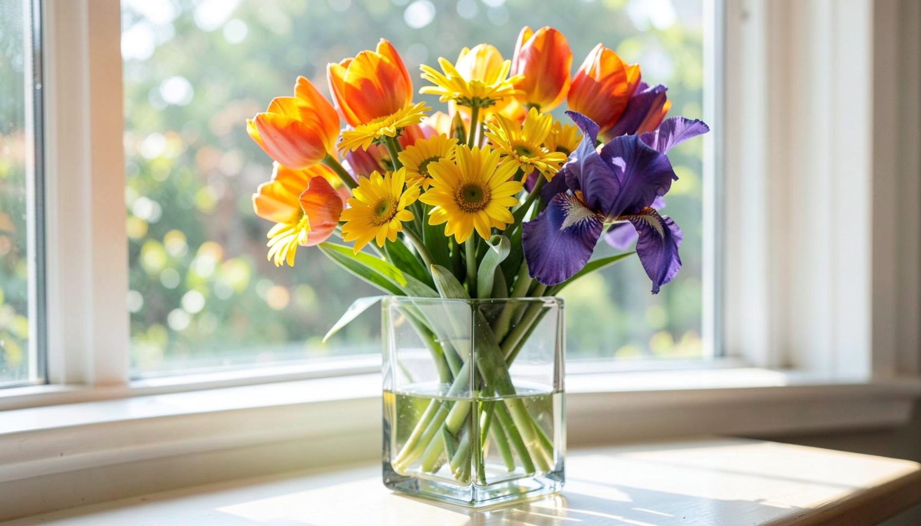 A vibrant mixed bouquet of orange tulips, yellow daisies, and purple iris in a glass cube vase on a sunlit windowsill