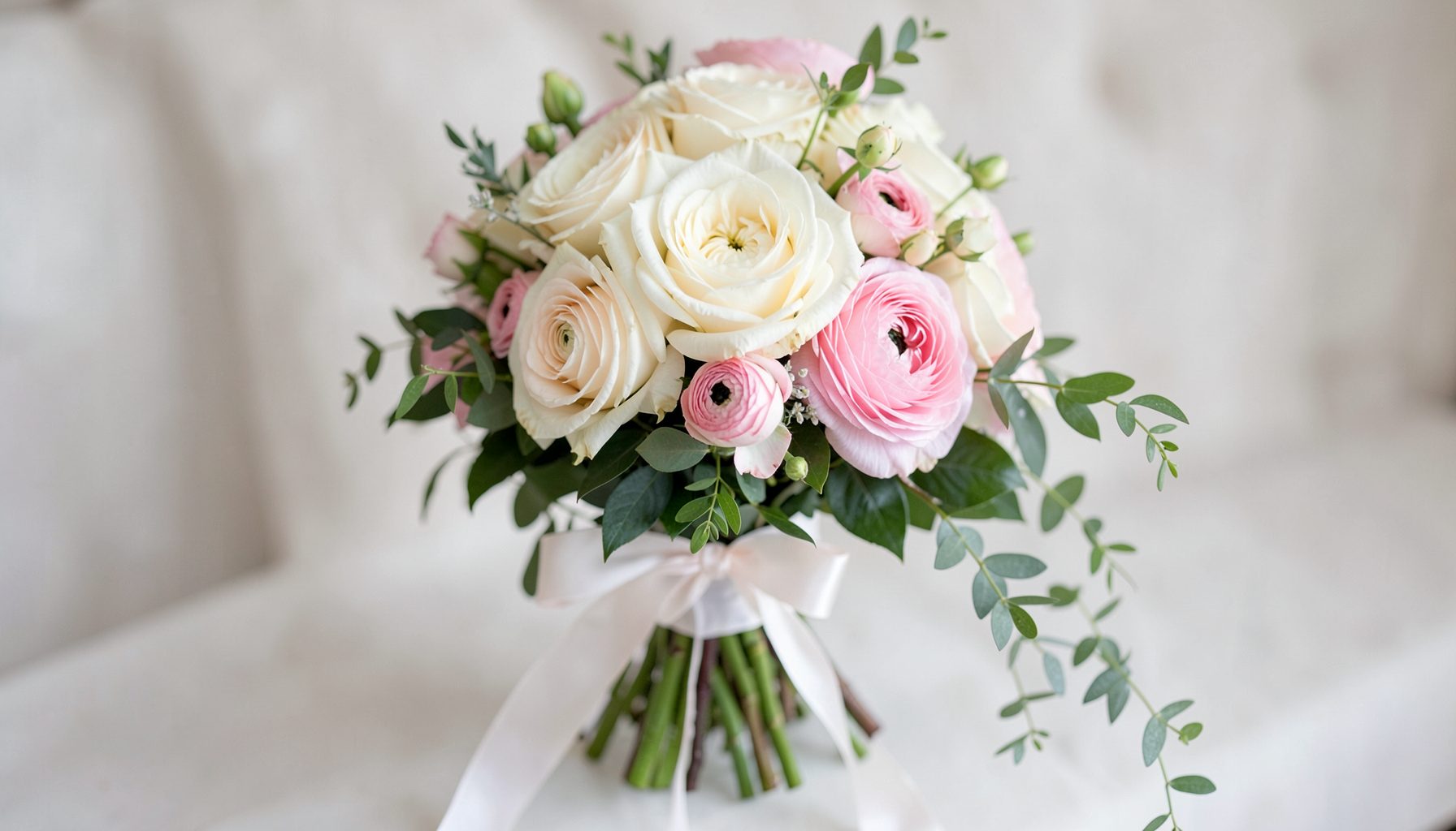 Bridal bouquet with cream roses, soft pink ranunculus, and trailing greenery tied with silk ribbon