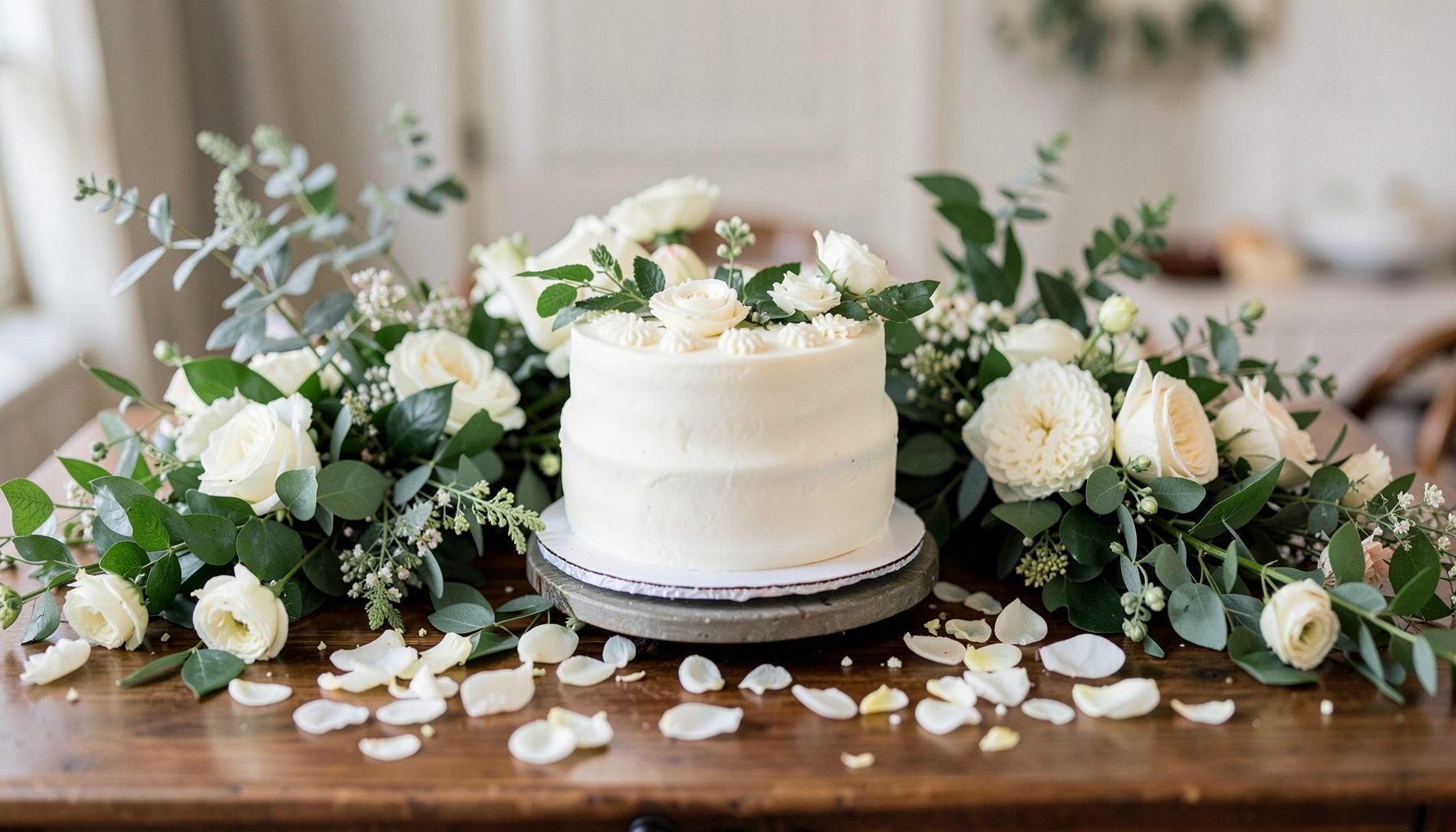 Cake table decorated with a lush garland of greenery, ivory blooms, and scattered petals