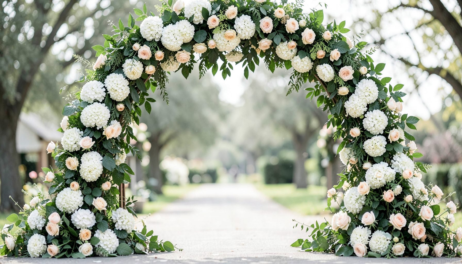 Ceremony arch adorned with lush greenery, white hydrangeas, and blush garden roses