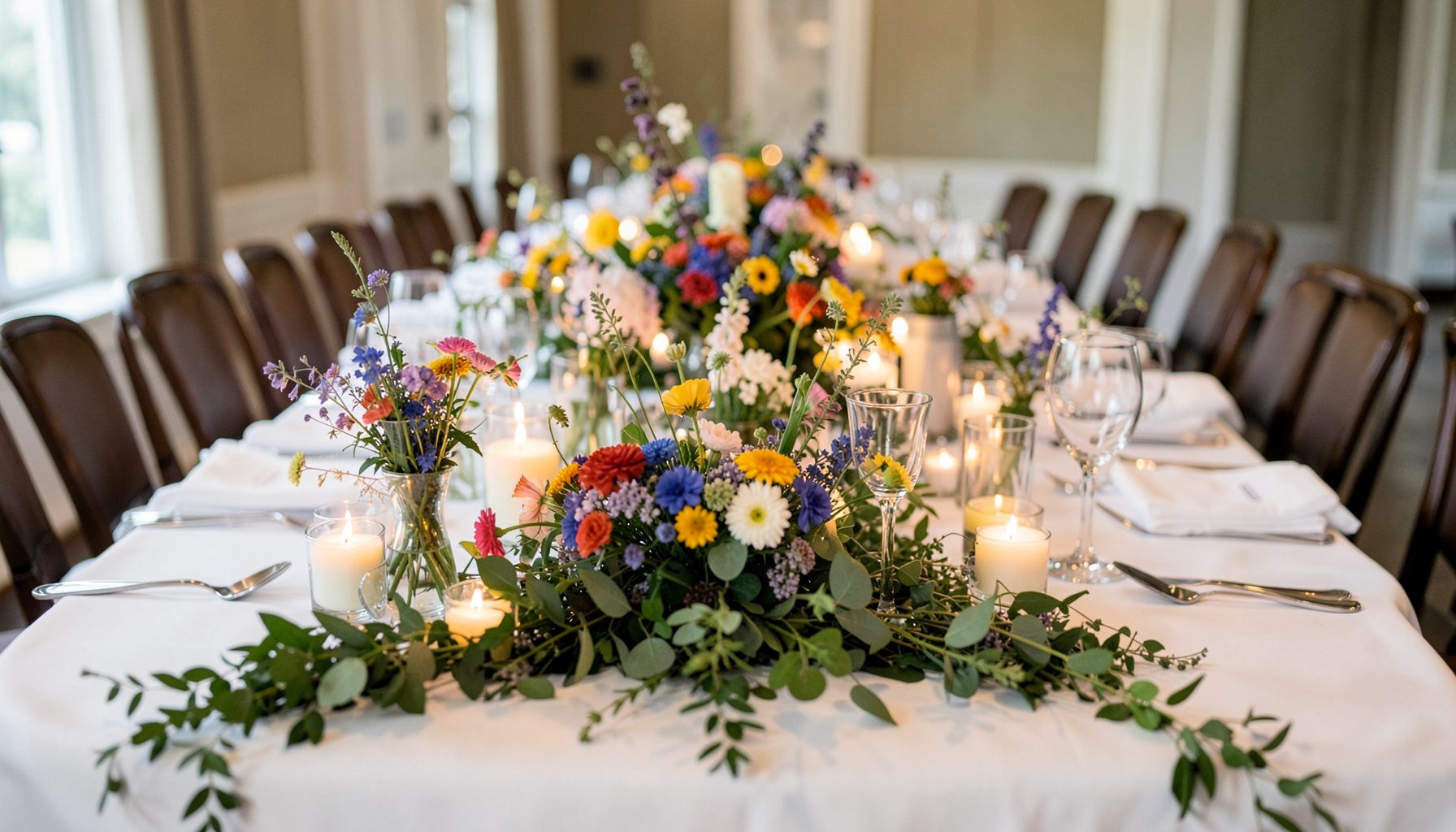 Long reception table with low centerpieces of mixed wildflowers, candles, and greenery runners