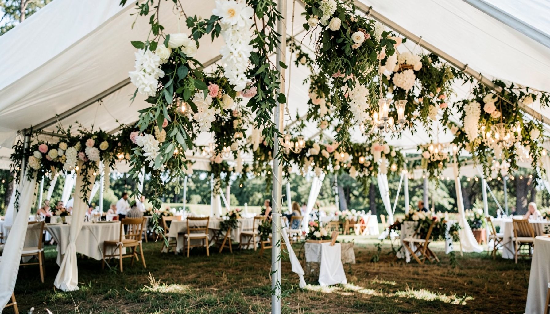 Outdoor event tent with hanging floral installations and greenery chandeliers