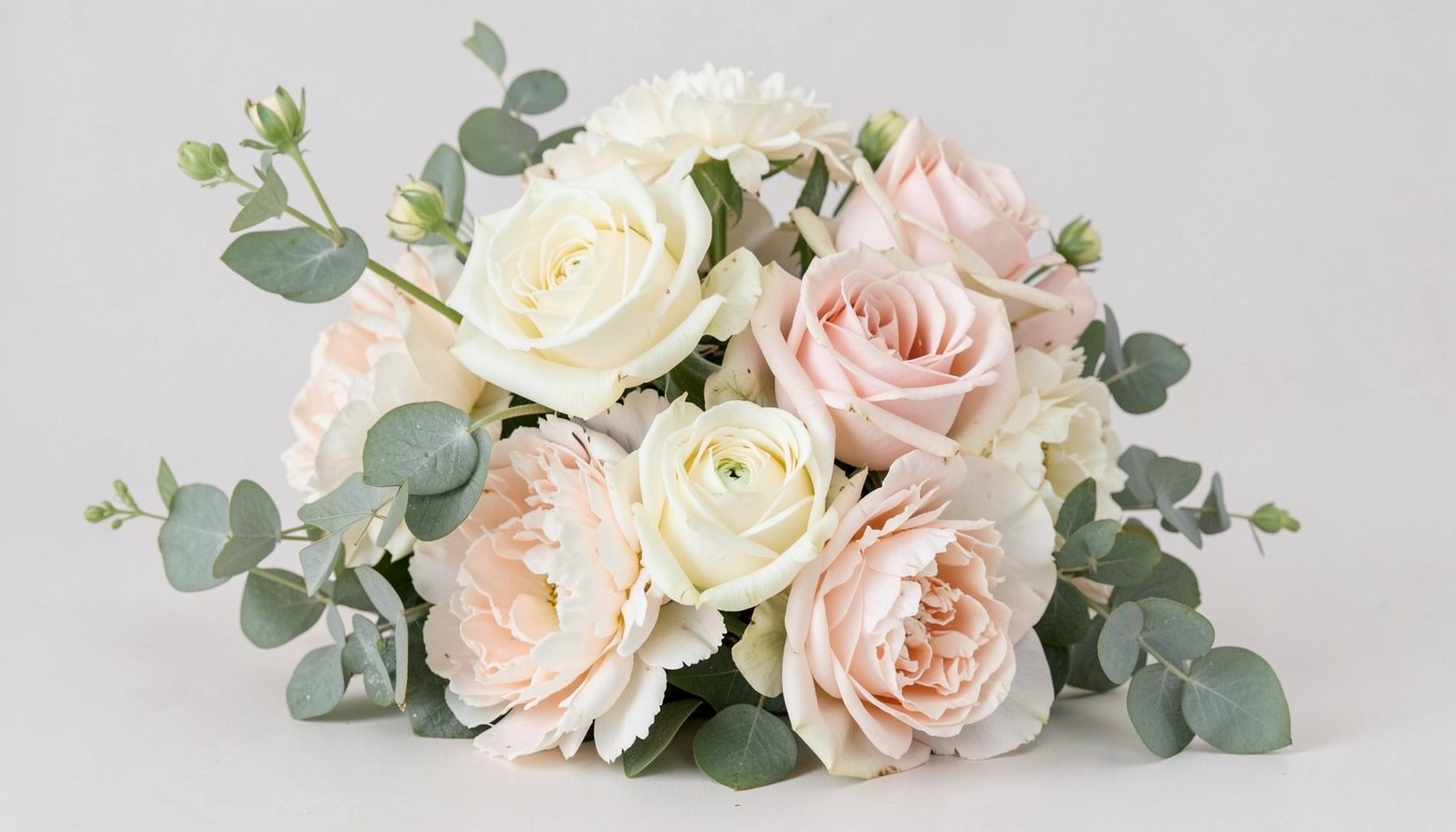 Soft pastel floral arrangement with cream roses, blush peonies, and eucalyptus greenery on a light neutral background