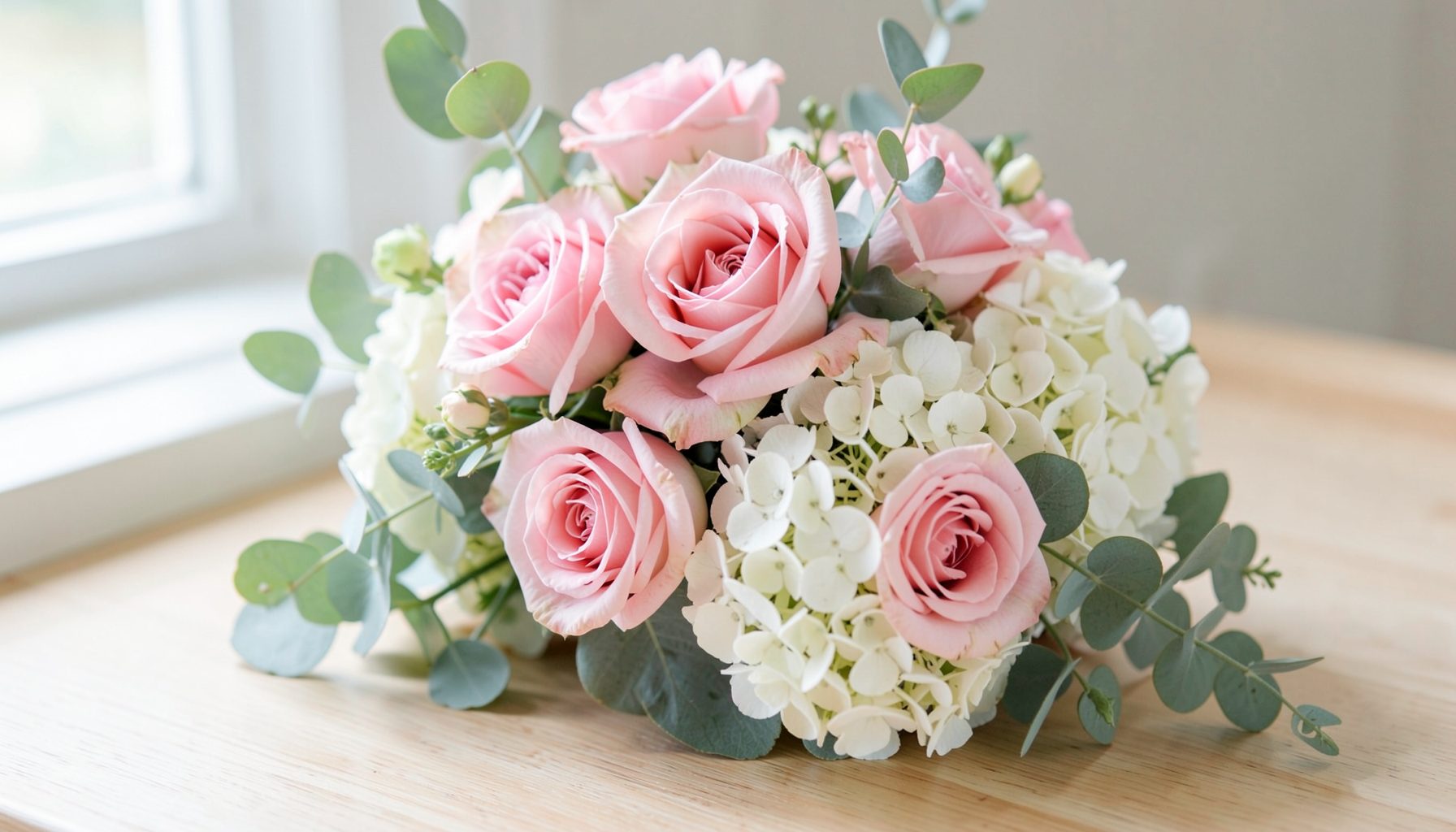 Soft pastel floral arrangement with pink roses, white hydrangeas, and eucalyptus greenery on a light wooden surface, bathed in natural window light