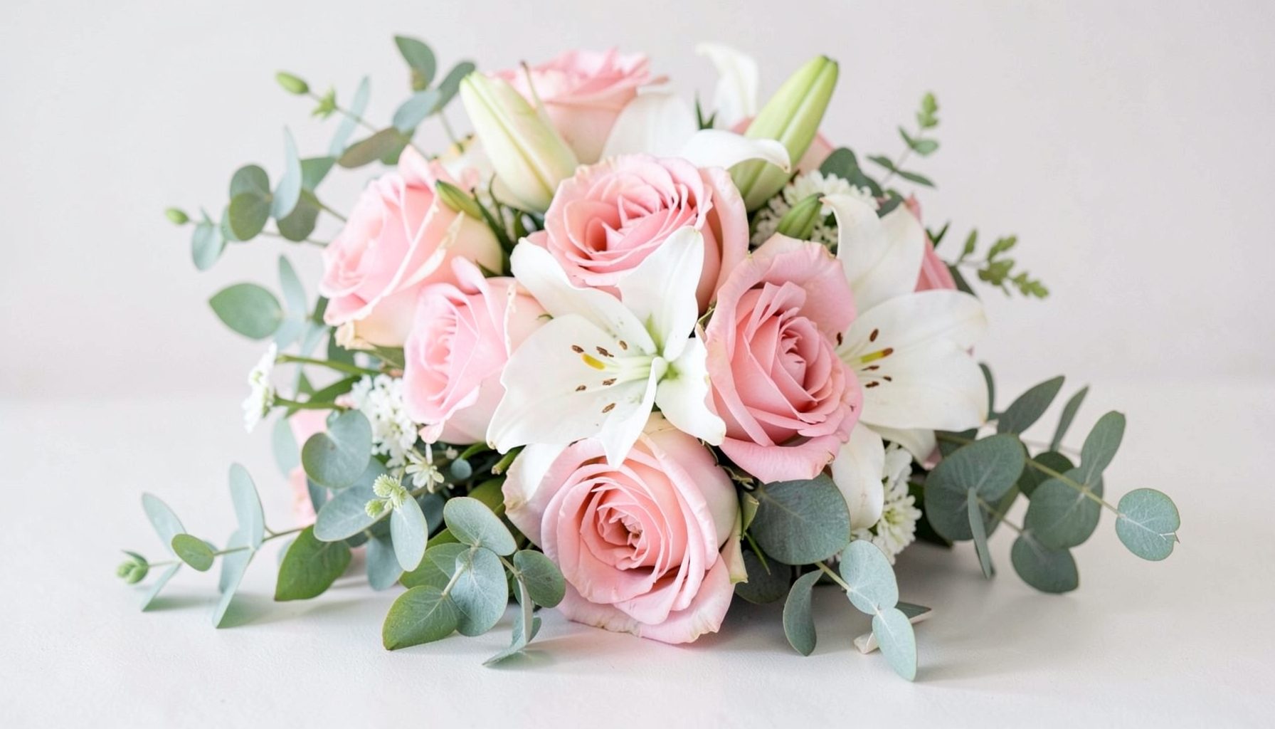 Soft pastel floral arrangement with pink roses, white lilies, and eucalyptus greenery on a light surface