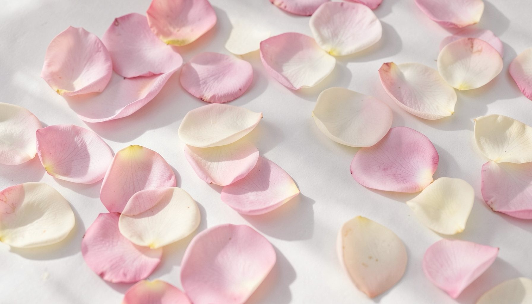 Soft pink and cream rose petals scattered across a light surface with gentle natural shadows