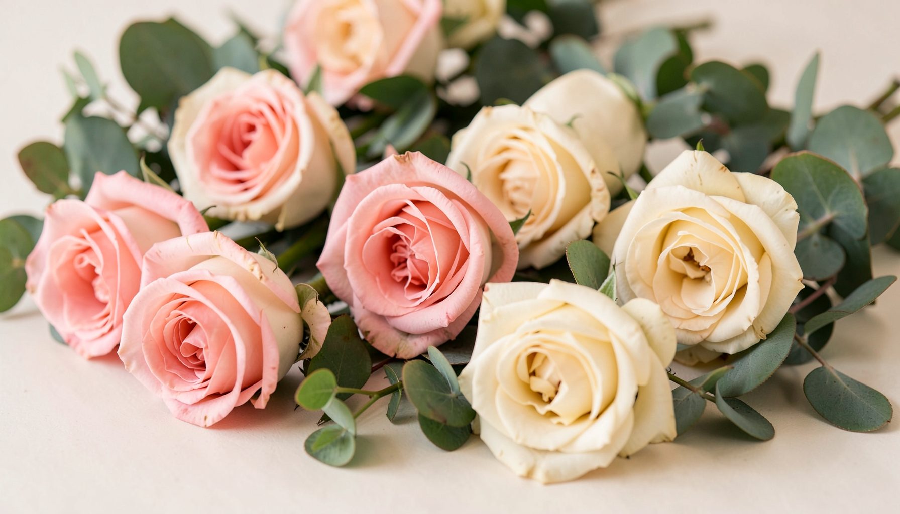 Soft pink and cream roses with eucalyptus greenery arranged loosely on a light surface, warm and inviting