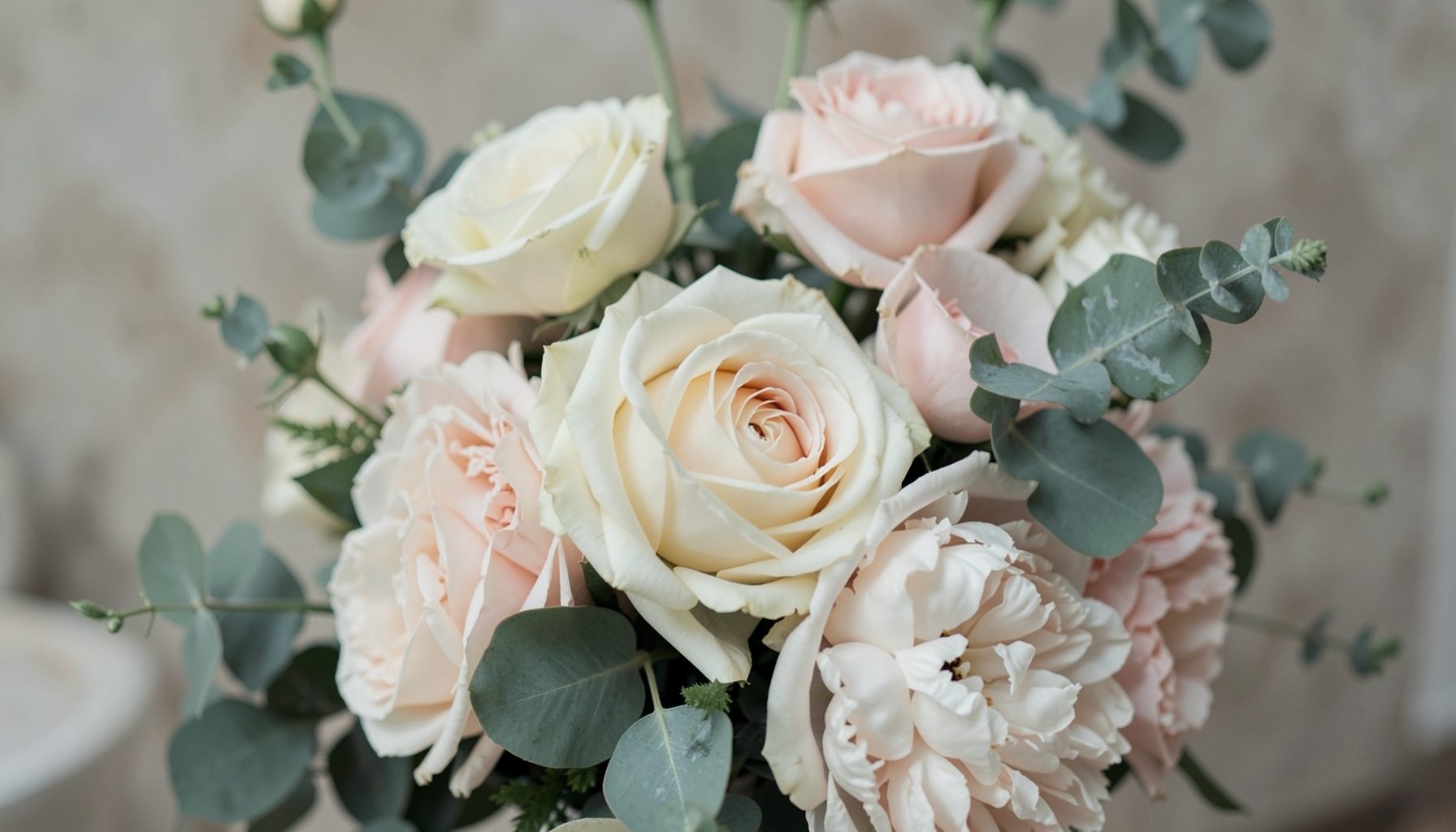 Soft romantic floral arrangement with ivory roses, blush peonies, and eucalyptus greenery in a muted, dreamy composition