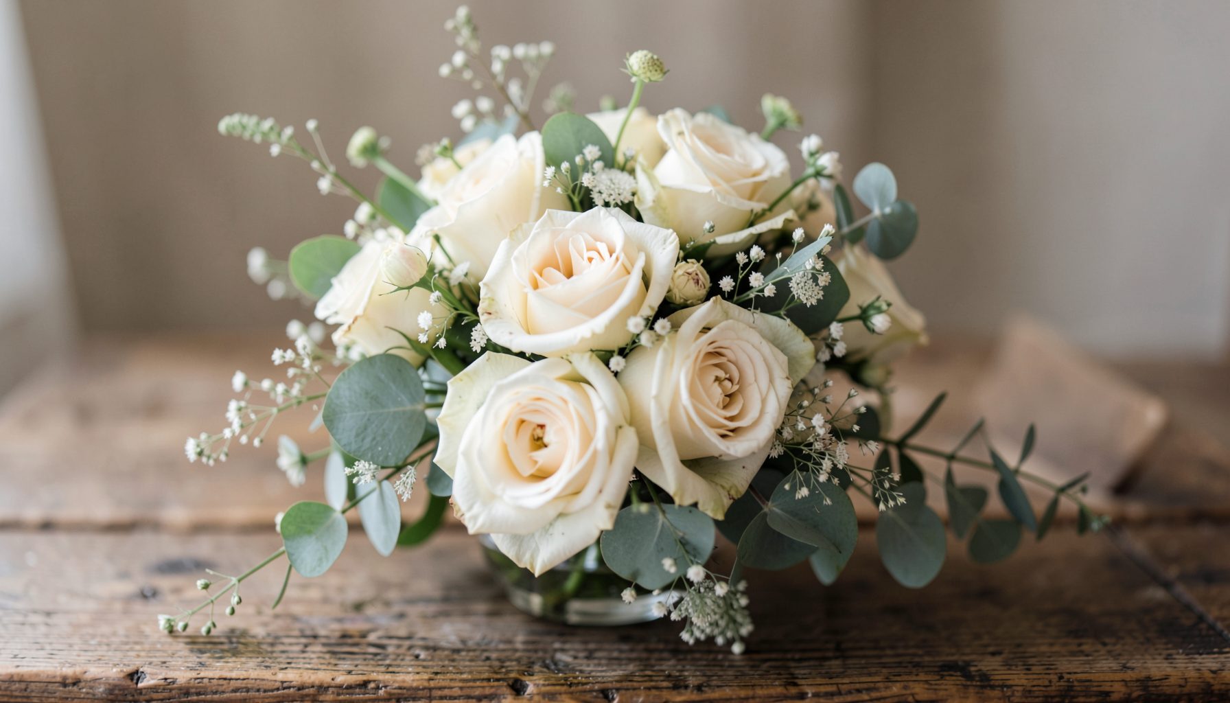 Softly lit floral arrangement with cream roses, eucalyptus, and delicate wildflowers on a rustic wooden table